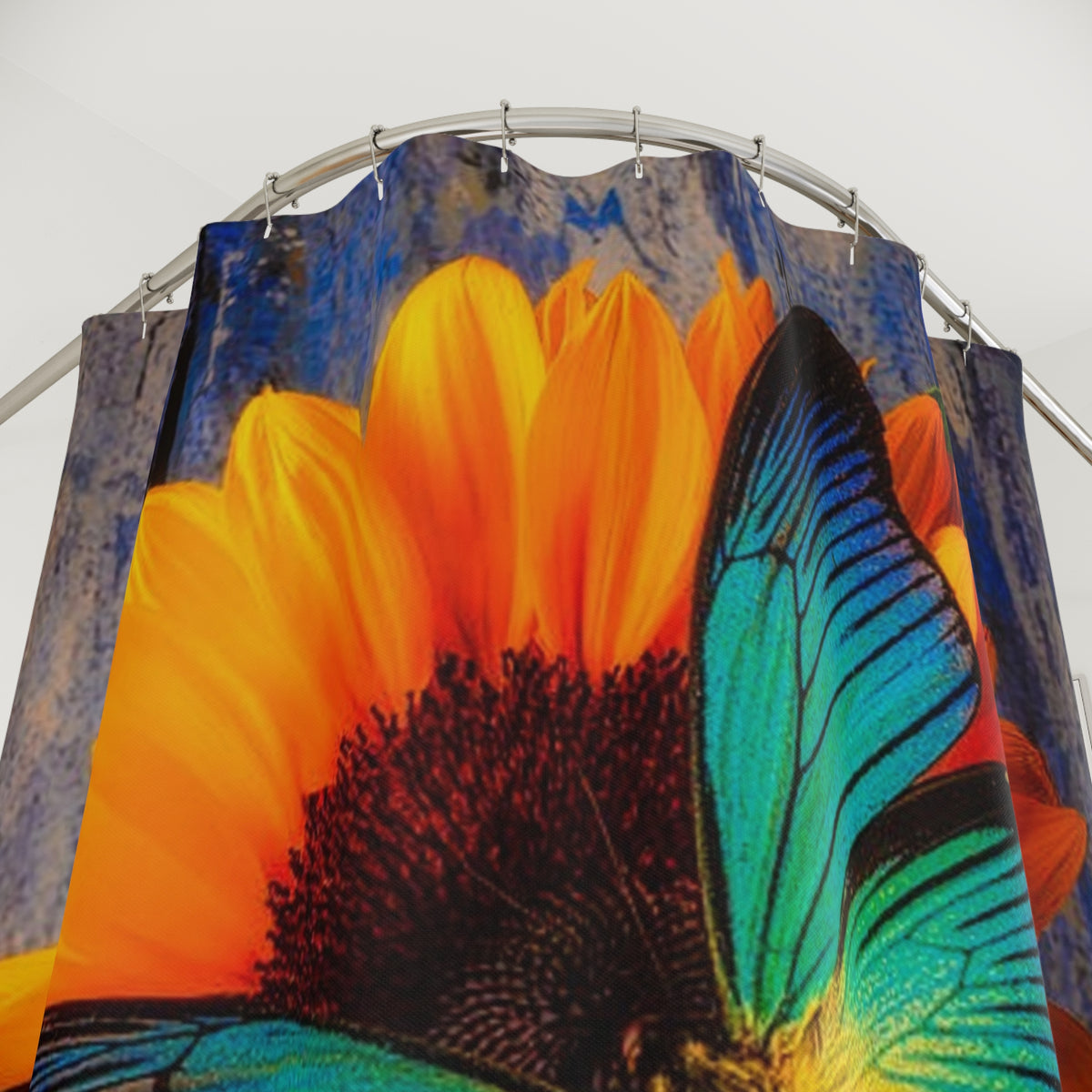 Sunflower & Teal Butterfly Shower Curtain — Vibrant Floral Bathroom Decor