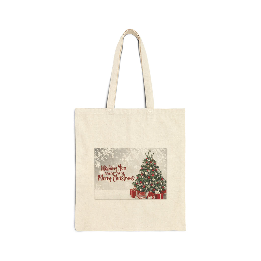 Christmas Tree Tote Bag — "Wishing You a Merry Christmas" Cotton Canvas Gift Shopper