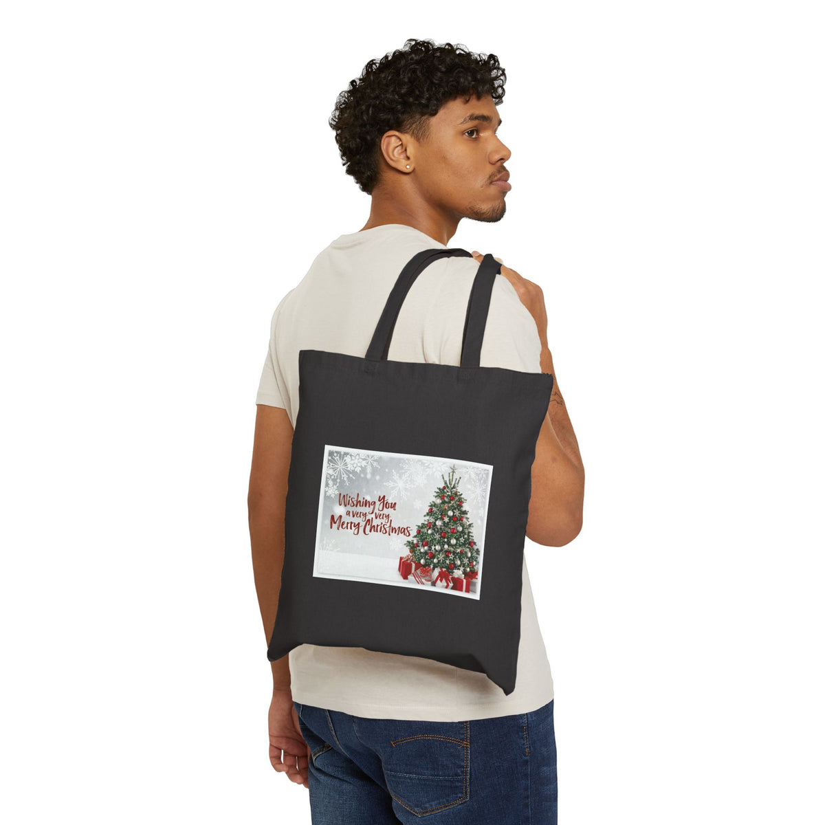 Christmas Tree Tote Bag — "Wishing You a Merry Christmas" Cotton Canvas Gift Shopper
