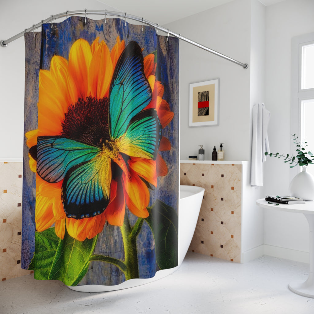 Sunflower & Teal Butterfly Shower Curtain — Vibrant Floral Bathroom Decor