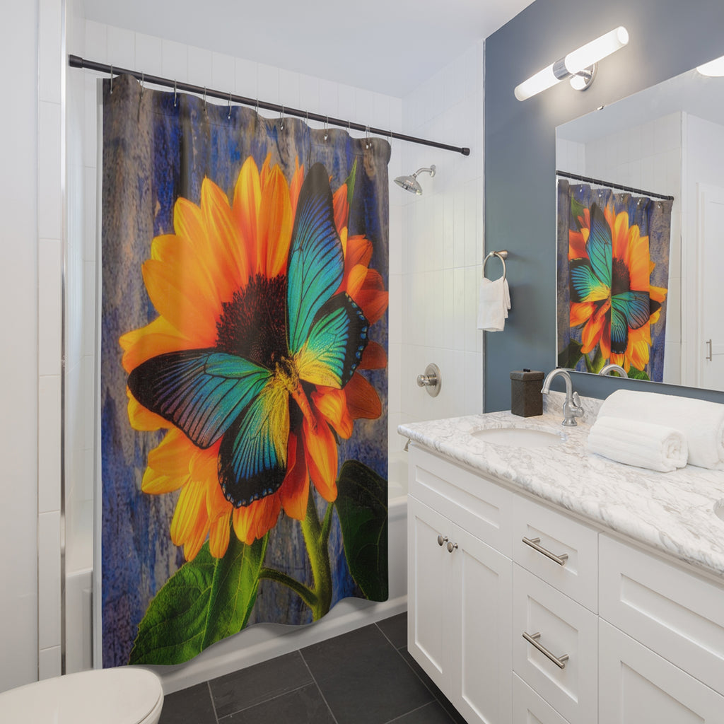 Sunflower & Teal Butterfly Shower Curtain — Vibrant Floral Bathroom Decor