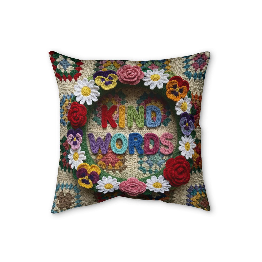 Faux Linen Pillow — 'Kind Words' Floral Crochet Accent Pillow