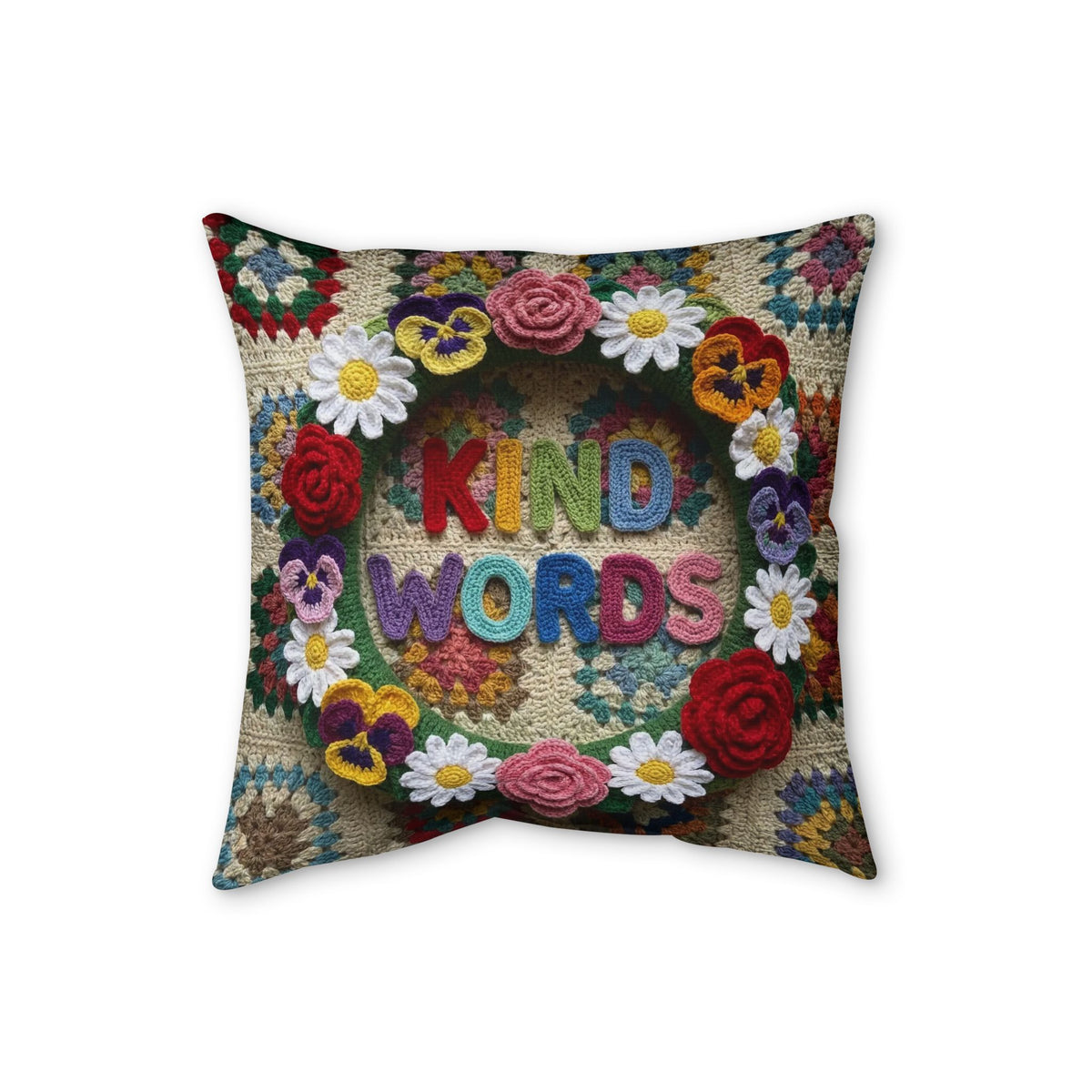 Faux Linen Pillow — 'Kind Words' Floral Crochet Accent Pillow
