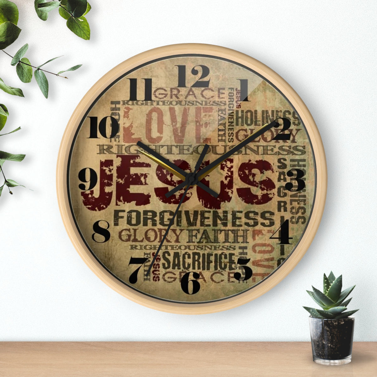 Christian Wall Clock — Jesus Word Art Vintage Faith Decor