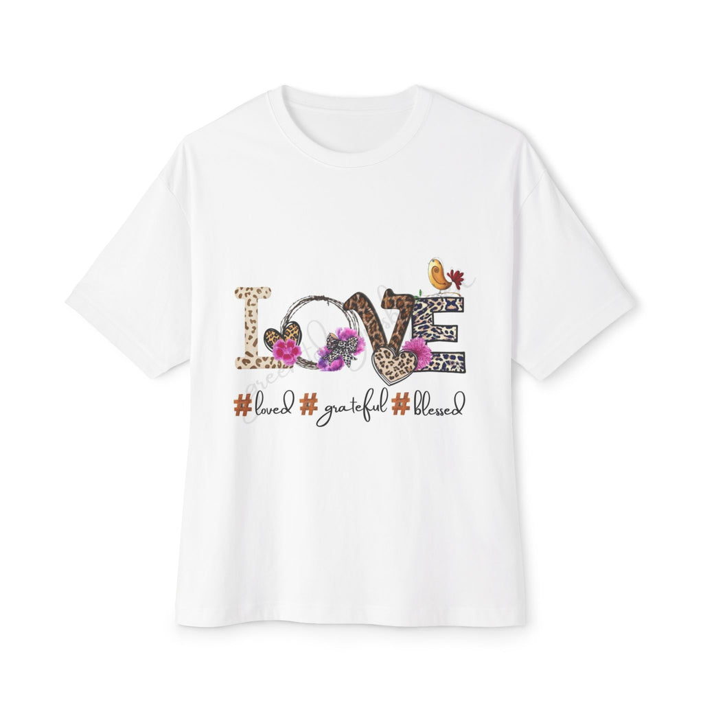 LOVE Floral Leopard Graphic Tee — #loved #grateful #blessed Oversized Boxy Shirt