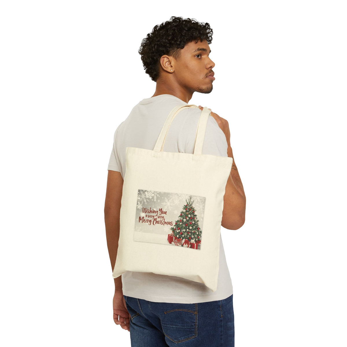 Christmas Tree Tote Bag — "Wishing You a Merry Christmas" Cotton Canvas Gift Shopper