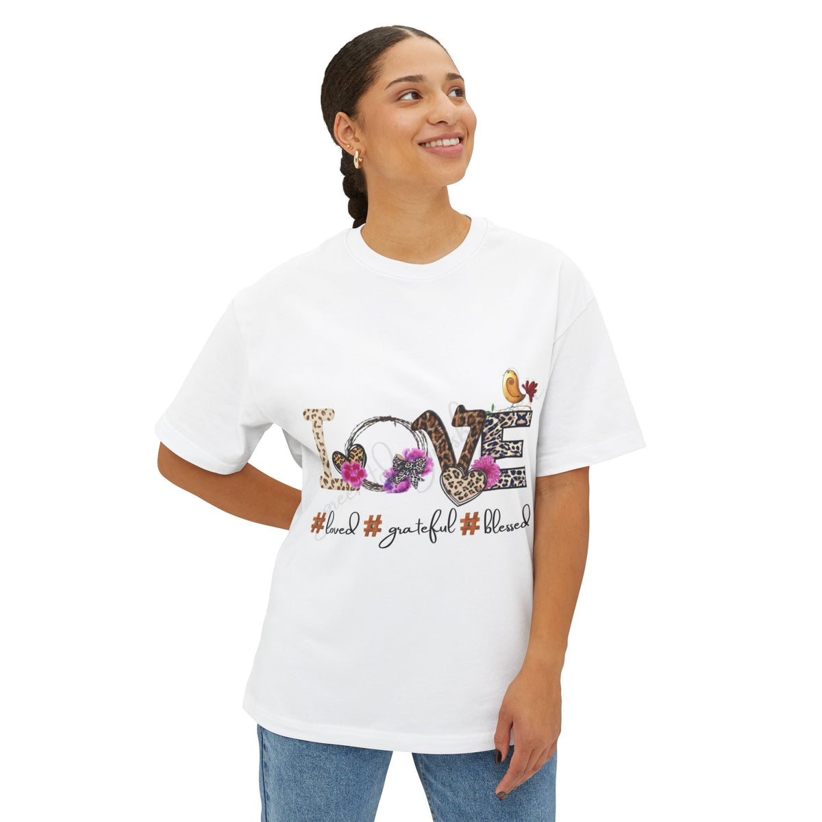 LOVE Floral Leopard Graphic Tee — #loved #grateful #blessed Oversized Boxy Shirt